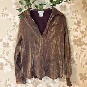 long sleeve button up shirt with shiny purple and gold fabric. lined, not itchy.